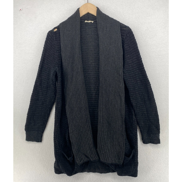 EILEEN FISHER Cardigan L Organic Cotton Thermal Stitch Shaw Open Front Black - Picture 1 of 11